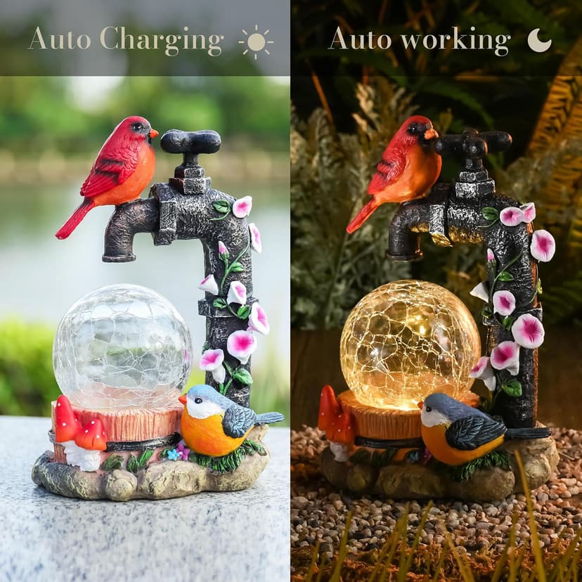 TERESA'S COLLECTIONS Cardinal Garden Decor for Outside, Red Bird Outdoor Statues with Solar Lights, Resin Garden Ornament for Lawn Porch Yard, Robin Gifts for Women Mom, 6"