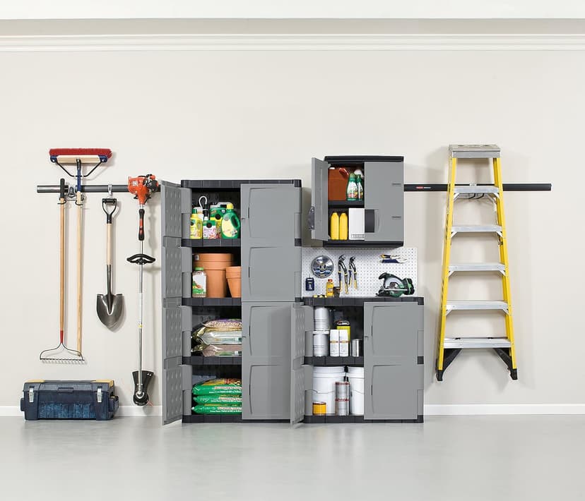 Rubbermaid Freestanding Storage Cabinet, Five Shelf with Double Doors, Lockable, Large, 690-Pound Capacity, Gray, For Garage/Outdoor, Garden Tools/Toys/Power Tools/Pool Accessories, Grey
