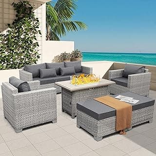 WAROOM Patio Furniture Set 6 Piece Grey Wicker Outdoor Furniture Patio Sectional Sofa Couch PE Rattan Conversation Sets with Fire Pit Table, Grey Cushion
