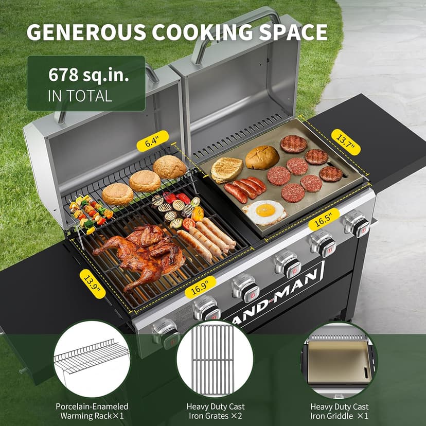 Brand-Man Griddle Grill Combo 6-Burner, 2 in 1 Versatile Propane Gas Grill and Griddle with Double Lids, BBQ Combo for Outdoor Kitchen & Backyard Barbecue Cooking