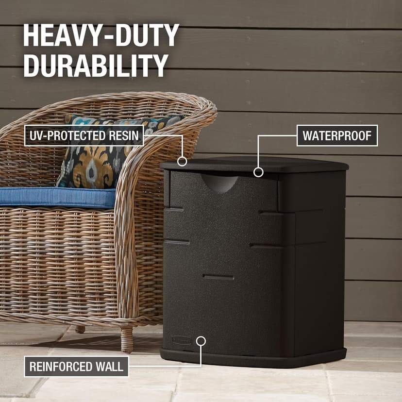 Rubbermaid Small Resin Outdoor Storage Deck Box (19 Gal), Weather Resistant, Brown, Deck Organization for Home/Small Garden Tools/Grilling Accessories/Pool Supplies