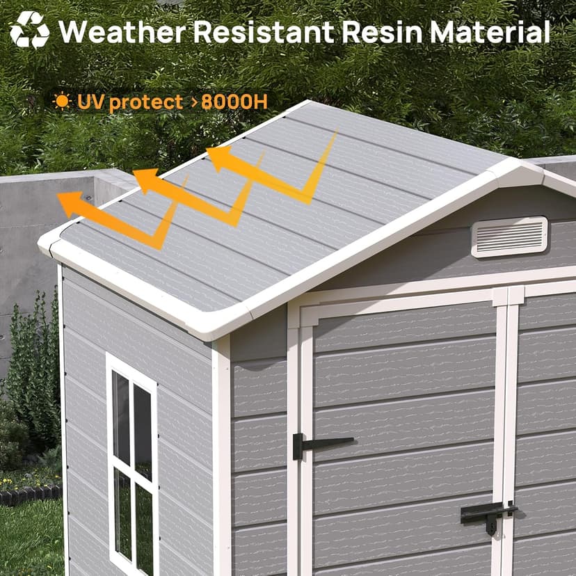 6x4.5 FT Resin Outdoor Storage Shed with Floor, Plastic Garden Shed, Lockable Door & Window, Waterproof Tool Shed for Bike, Garbage Can, Lawn Mower, Patio Furniture Grey White