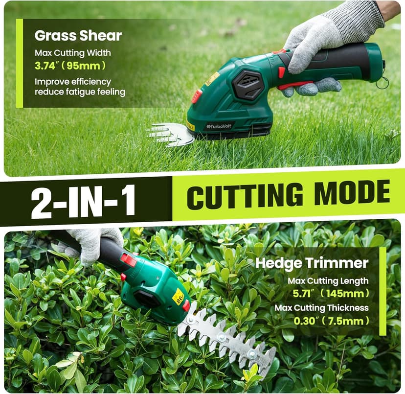 Hedge Trimmer, Cordless Grass Shear & Electric Shrub Trimmer - 2 in 1 Handheld Grass Cutter, Hedge Shear for Garden, Lawn, Rechargeable Lithium-Ion Battery and Type-C Cable Included