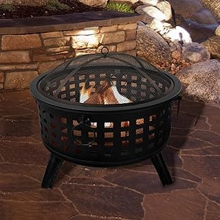 Outdoor Fire Pit - 26-Inch Round Lattice Wood Burning Firepit with Screen, Poker, Grate and Cover - Wood Fire Pits & Outdoor Fireplaces by Pure Garden