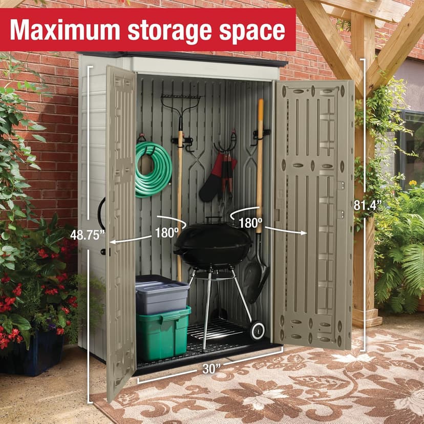 Rubbermaid Vertical Resin Outdoor Storage Shed With Floor (4 x 2.5 Ft), Weather Resistant, Beige/Brown, Organization for Home/Backyard/Pool Chemicals/Toys/Garden Tools/Porch/Patio Cushions