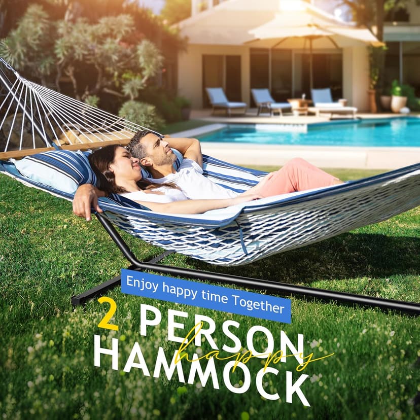 Double Hammock with Stand, 2 Person Cotton Rope Hammock with Removable Polyester Pad, 500LBS Capacity, Portable & Adjustable Design, Includes Storage Bag, Indoor Outdoor Use,Blue