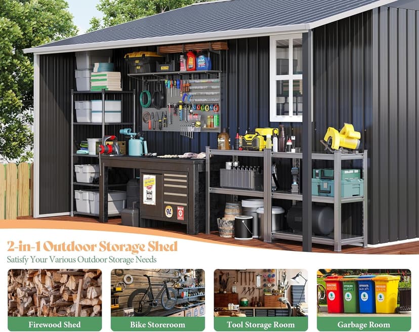 AMERLIFE 10.6x10.3x6.3 FT Outdoor Storage Shed with Sliding Doors Two 4-Pane Windows, Open Outdoor Shed for Wood Storage, Dark Grey/White