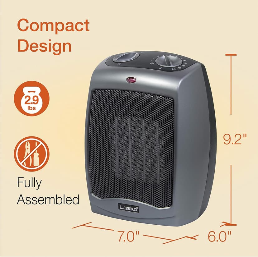 Lasko Portable Indoor Electric Ceramic Space Heater with Tip-Over Safety Switch, Overheat Protection, Thermostat and Extra Long Cord, 2 Speeds, Safe for Home, 9.2 Inches, Dark Gray, 1500W, 754201