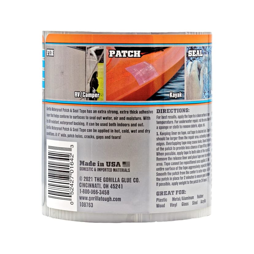 Gorilla Waterproof Patch & Seal Tape, Clear Tape, 4" x 8' (Pack of 1) - Permanent Weather Resistant Seal for Leaks and Repairs
