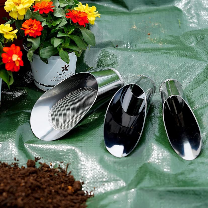 Bonsai Soil Scoop Metal 3 Pcs Set (Large with Soil Sifter, Medium, Small) Stainless Steel Garden Hand Soil Scooper, Professional Bonsai Tool Kit, Silver
