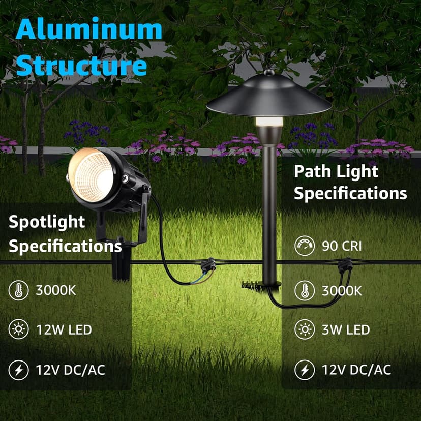 SUNVIE LED Landscape Lights 12V Aluminum Low Voltage Pathway Lights with Stake, Waterproof for Walkway Yard Garden, 12 Pack with Connectors