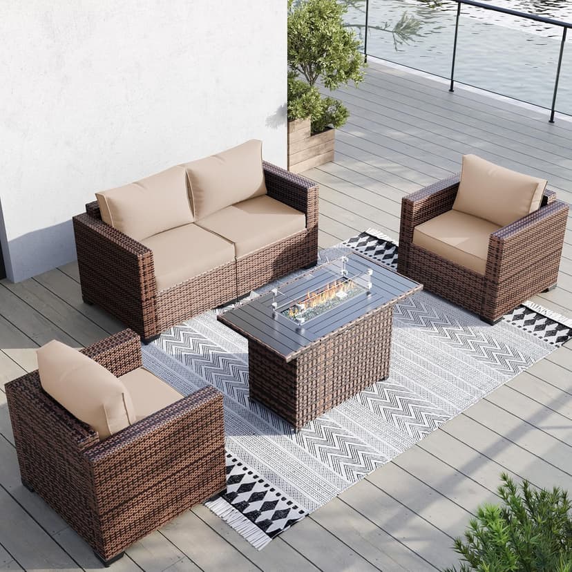 UDPATIO Patio Furniture Set with Fire Pit Table, 4 Pieces Outdoor Furniture Sets, Wicker Rattan Patio Conversation Sets with Outdoor Sofa Waterproof Covers for Porch Deck Backyard, Khaki