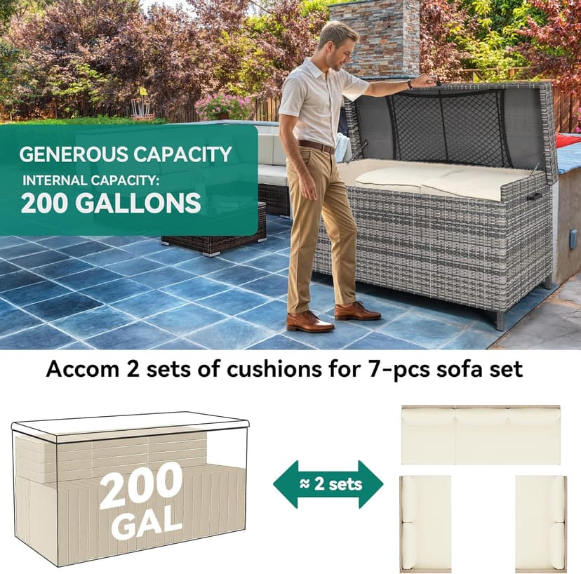 YITAHOME 200 Gallon Large Wicker Deck Box w/Storage Net, Rattan XL Outdoor Storage Box Patio Cushion Storage, Waterproof Storage Box for Patio Furniture, Garden Tools, Pool Sports Equipment (Grey)