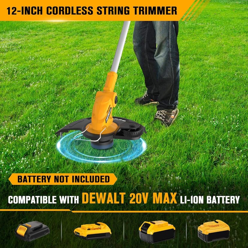 Cordless String Trimmer Compatible with Dewalt 20V Battery, 12-Inch Weed Wacker Cordless, Auto Line Feed, Electric Weed Eater Battery Powered, Grass Trimmer with 2 Replacement Spool