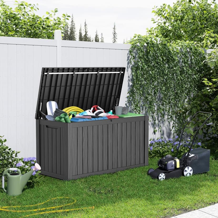 150 Gallon Resin Deck Box, Lockable Patio Outdoor Storage Box for Furniture, Garden Tools and Tools Storage, Waterproof Outside Storage Boxes - Black