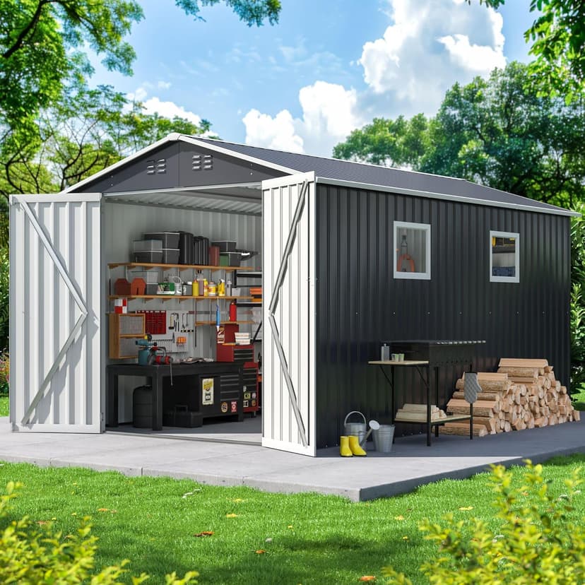 8x12 FT Outdoor Storage Shed, Metal Garden Tool Shed with Updated Frame Structure, Lockable Doors and Windows, Ideal for Backyard Garden Patio Lawn, Grey