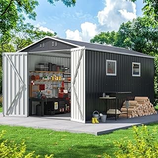 8x12 FT Outdoor Storage Shed, Metal Garden Tool Shed with Updated Frame Structure, Lockable Doors and Windows, Ideal for Backyard Garden Patio Lawn, Grey