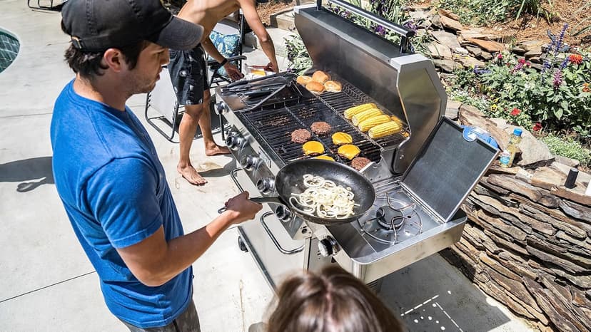 Monument Grills Larger 4-Burner Propane Gas Grills Stainless Steel Cabinet Style with Clearview® Lid, Knob Controls, Built-In Thermometer, Infrared Side Sear Burners & Side Burners
