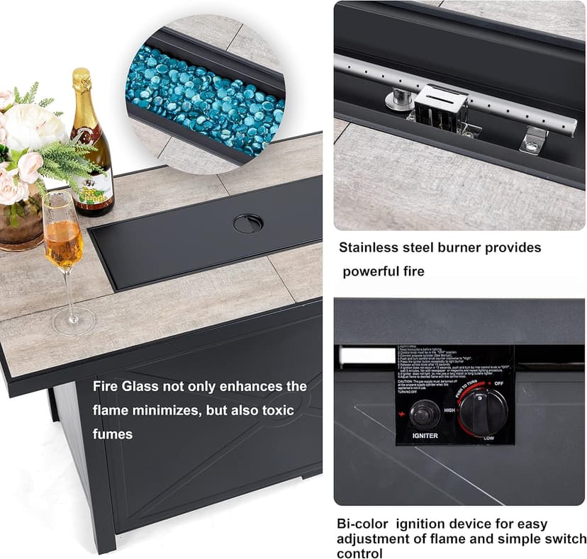 Nuu Garden Propane Fire Pit Table, CSA Certified 42 Inch 50,000 BTU Outdoor Propane Gas Cabinet Rectangle Fire Pit Table, Ceramic Tabletop, Rattan and Iron Frame, with Lid and Fire Glass Beads, Black