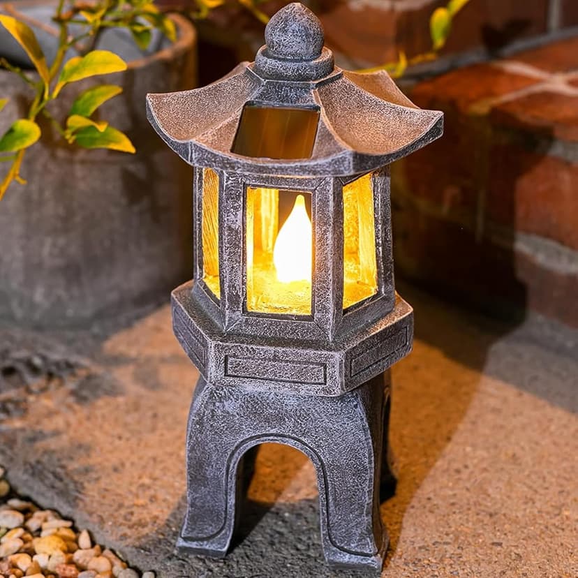 VP Home Solar-Powered Pagoda Garden Statues - Japanese Zen Lantern Outdoor Decor with Flickering LED Light - Durable Polyresin for Yard, Patio, or Garden - 12 x 7 x 6 Inches (Zen Garden Pagoda)