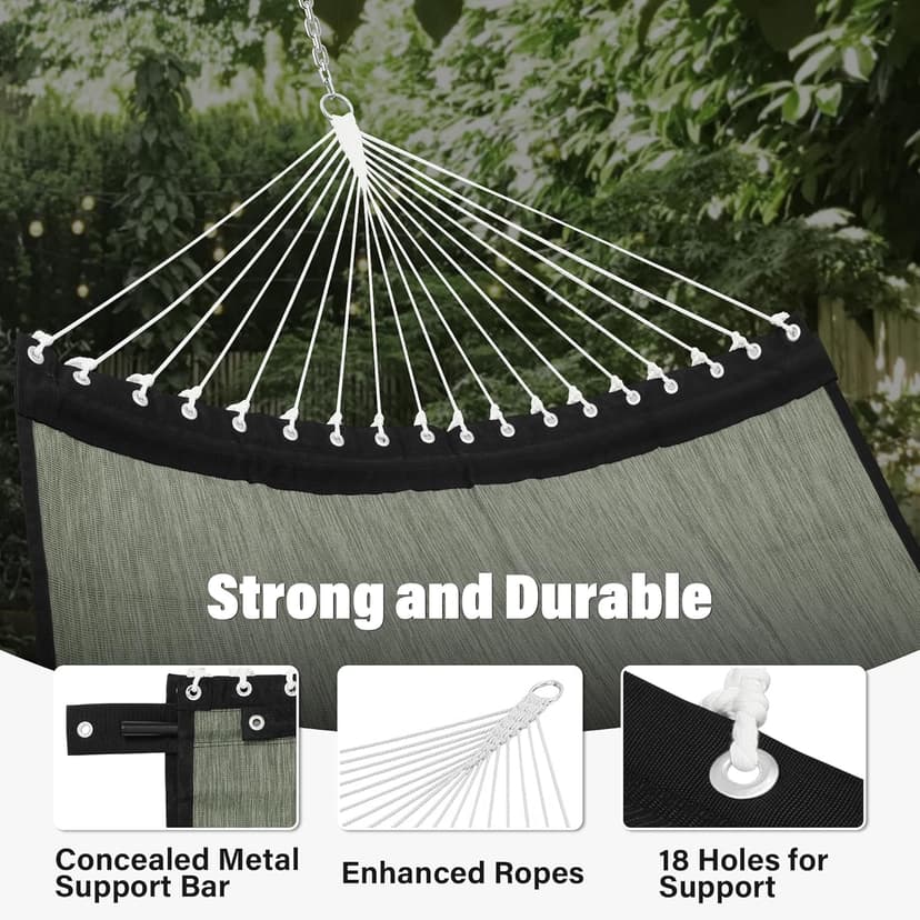 Patio Watcher 13 FT Quick Dry Olefin Hammock - Outdoor Double Hammock with Metal Curved Spreader Bars - 450 lbs Capacity - Dark Green