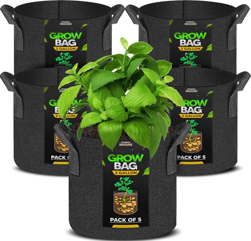 Utopia Home 5 Pack 5 Gallon Grow Bags, 300G Thickened Nonwoven Plant Fabric Pots for Outdoor, Grow Pots, Garden Plant Bags, Aeration Fabric Planter Bags for Fruits, Vegetables and Flowers