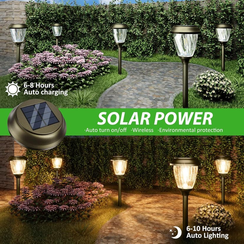 XMCOSY+ Solar Pathway Lights Outdoor, 10/25 LM in 2 Lighting Modes, Glass Stainless Steel Waterproof IP65 Solar Powered Garden LED Lights for Yard Lawn Driveway Walkway Landscape Decor(Warm White)