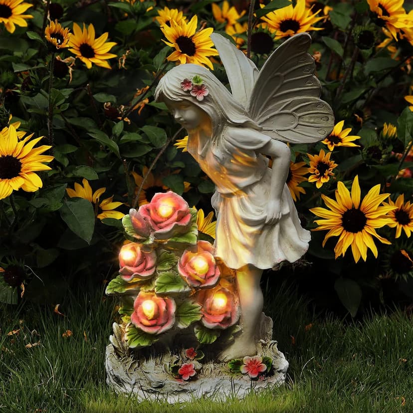 Garden Figurines Angel Garden Statue Outdoor Decor, Solar Powered Resin Sculpture with 5 LEDs Art Decoration for Patio Lawn Yard Porch, Ornament Housewarming Garden Gift, 12.8 x 7.5 x 6.1 Inch