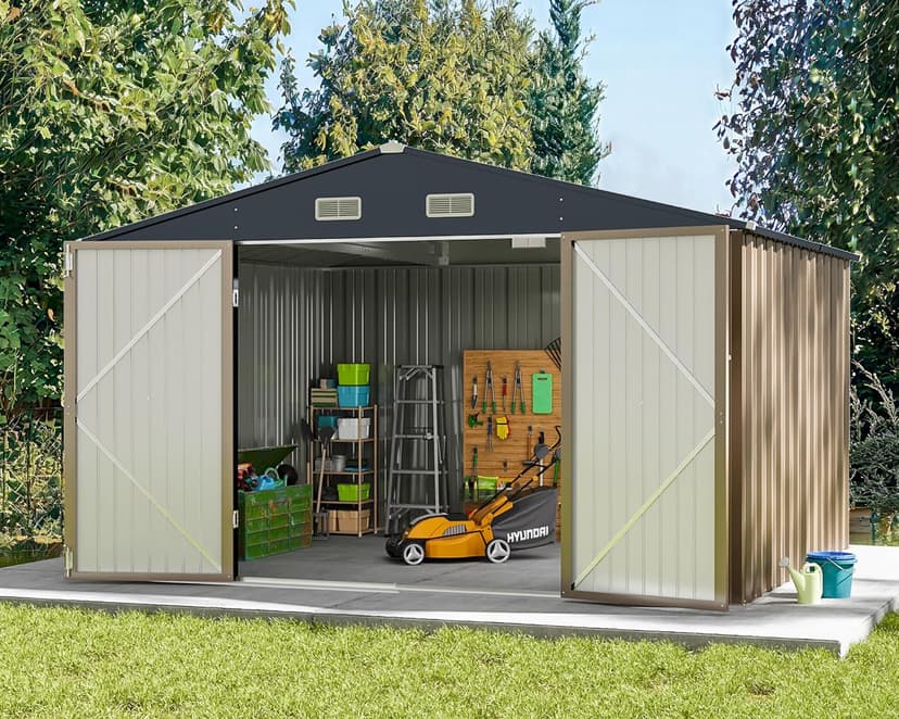 Greesum Outdoor Storage Shed 10 x 8 ft. Utility Tool Shed Metal Storage Garden Shed with Door & Lock for Patio Storage, Brown