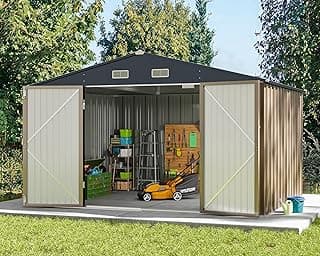Greesum Outdoor Storage Shed 10 x 8 ft. Utility Tool Shed Metal Storage Garden Shed with Door & Lock for Patio Storage, Brown