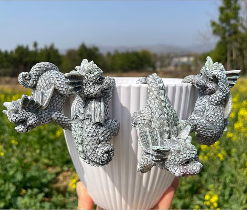 4 PCS Cute Dragon Figurines, Hanging Animal Statue for Planter Pot, Resin Climbing Sculpture Flower Pot and Vase Hugger for Patio Lawn Yard Ornaments