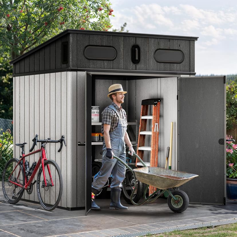 YITAHOME 6x6 FT Outdoor Storage Shed, All-Weather Resin Garden Shed with Windows, Vents and Lockable Double Doors for Garden Tools, Bikes, and Sundries, Waterproof, Gray