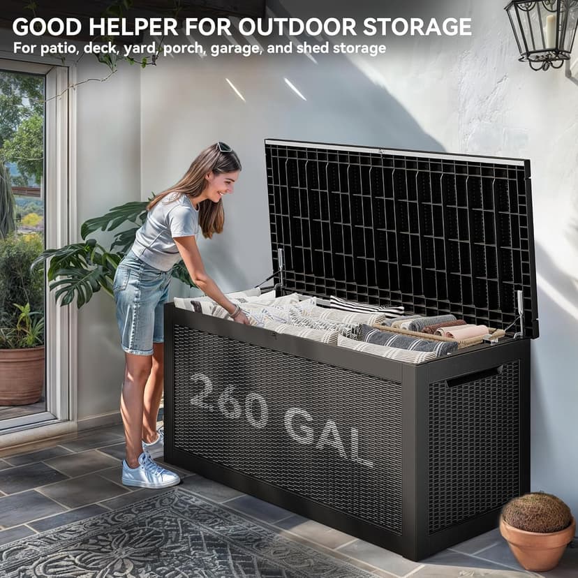 YITAHOME 260 Gallon Outdoor Storage Box, Large Water Resistant Resin Deck Box, Indoor Outdoor Lockable Storage Container for Patio, Garden, Cushions, Tools, Equipment(Black)