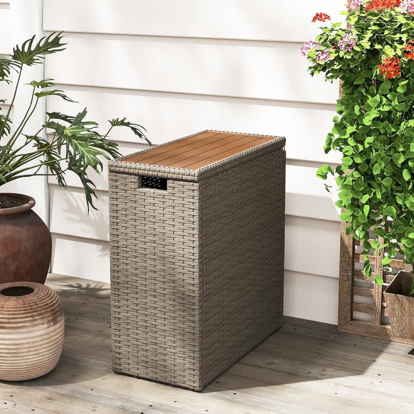 Outsunny 17 Gallon Wicker Small Deck Box, PE Rattan Outdoor Storage Box with Slatted Acacia Wood Flip Top for Indoor, Patio Furniture Cushions, Pool Supplies, Garden Tools, UV Resistant, Teak