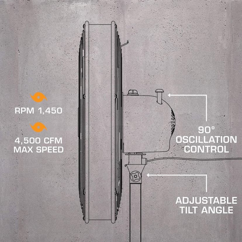Hurricane Pro High-Velocity Oscillating Metal Stand Fan w/ 3-Speed Setting, 20" - Heavy-Duty Cooling Pedestal Unit w/ 4500 CFM, Adjustable Tilt & Height for Home, Garage, Gym & Workshop