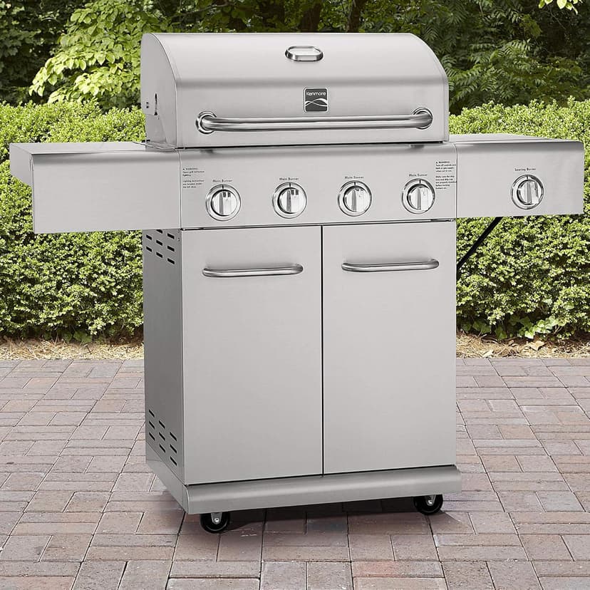 Kenmore 4-Burner BBQ Gas Grill with Searing Side Burner, Stainless Steel Propane Grill, 52,000 BTUs, Cabinet Style, Includes Warming Rack, Electronic Ignition & Stainless Steel Cooking Grates