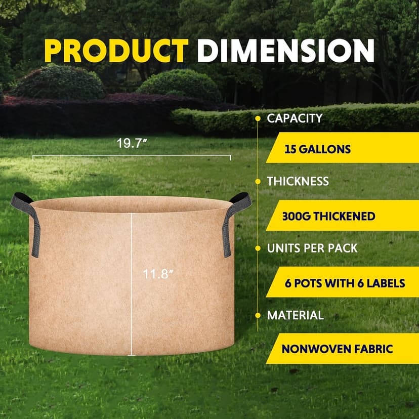 iPower Grow Bag 15 Gallon 6-Pack Heavy Duty Plant Pots, 300g Thick Nonwoven Fabric Containers Aeration with Nylon Handles, for Planting Vegetables, Fruits, Flowers, Tan 2024 Version