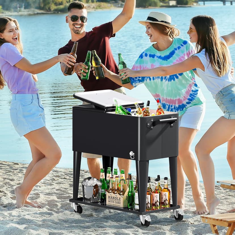 YITAHOME 80 Quart Patio Cooler Cart with Bottle Opener Drainage, Portable Rolling Beverage Cart for Pool Deck Party Cookouts
