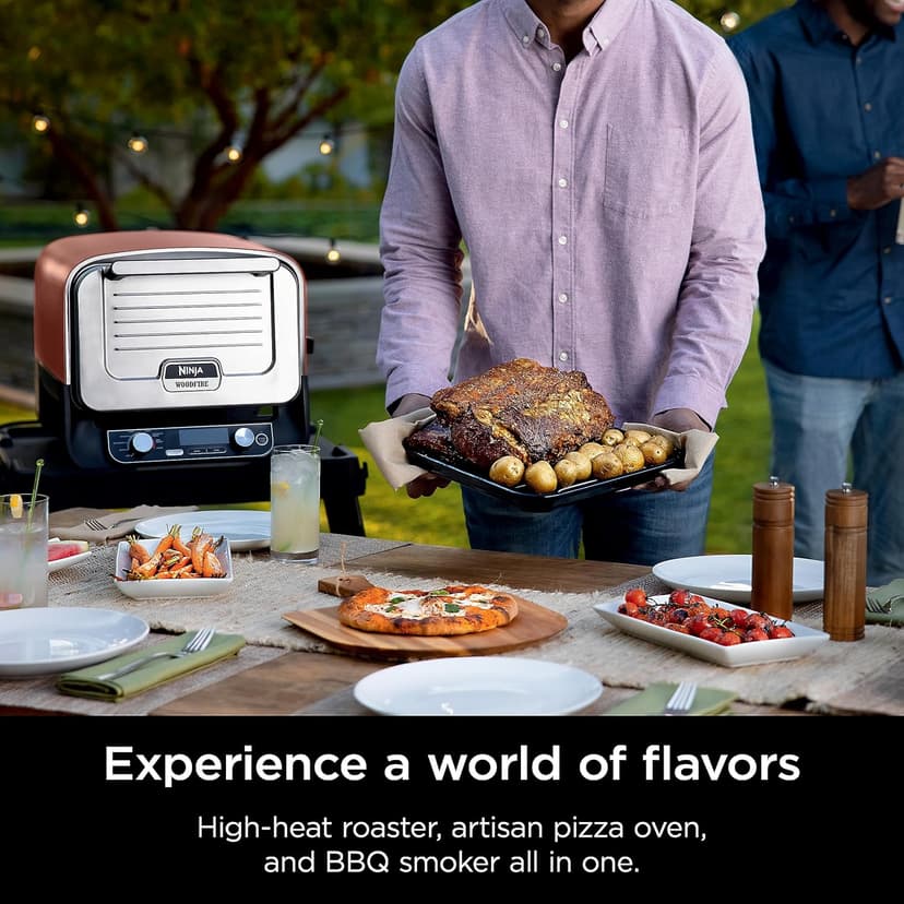 Ninja Woodfire Outdoor Pizza Oven, 8-in-1 Portable Electric Roaster Oven, Heats up to 700°F, 5 Artisan Pizza Settings, Integrated BBQ Smoker Box, Includes Flavored Wood Pellets, Terracotta Red