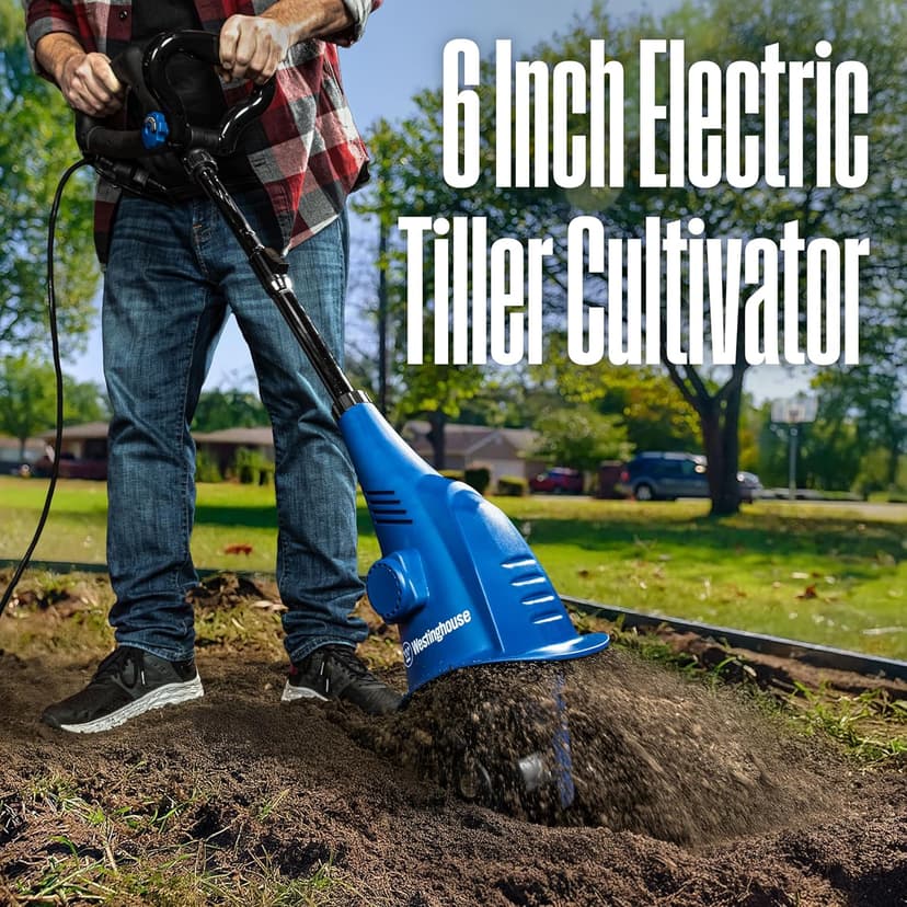 Westinghouse 6-Inch, 2.5 Amp Corded Electric Mini Tiller Cultivator for Gardening, Lightweight, 4 Steel Blades