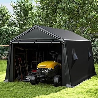 10 x 15 FT Heavy Duty Carport, 240 g PE Waterproof Cover, Outdoor Waterproof Portable Storage Shed with All-Steel Support Frame and Roll-up Door for Car, Garden Tools, Small Tractors
