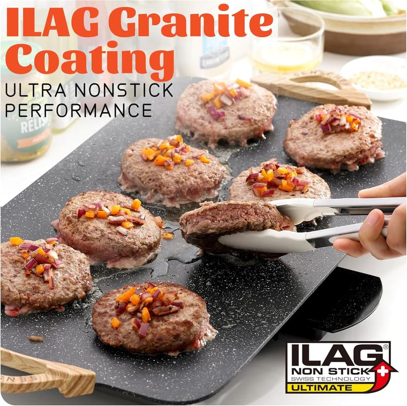 12x20 Inch Extra Large Electric Griddle, 1700W Fast Even Heating, ILAG Granite Nonstick, Slope Design for BBQ Masters, Frameless design for Easy Cleaning, Great for Family Gatherings, Black