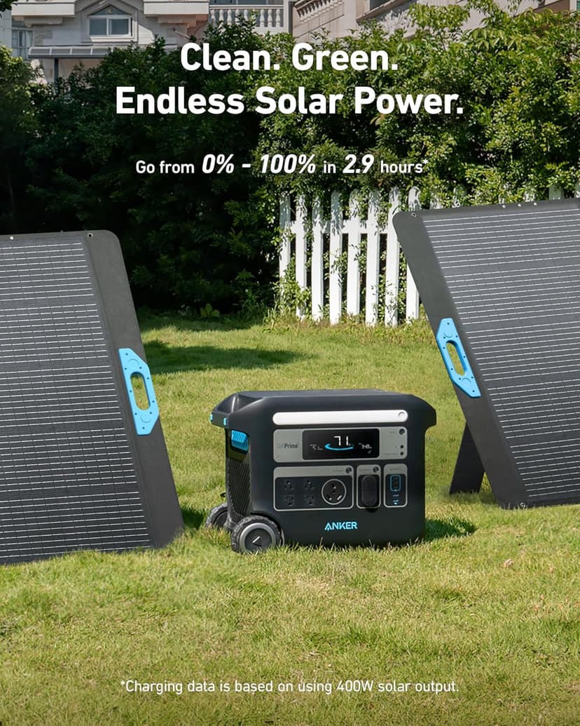 Anker SOLIX F2000 Solar Generator, 2048Wh Portable Power Station with LiFePO4 Batteries and 2× 400W Solar Panel, GaNPrime Technology, 4 AC Outlets Up to 2400W for Home, Power Outages, Camping, and RVs