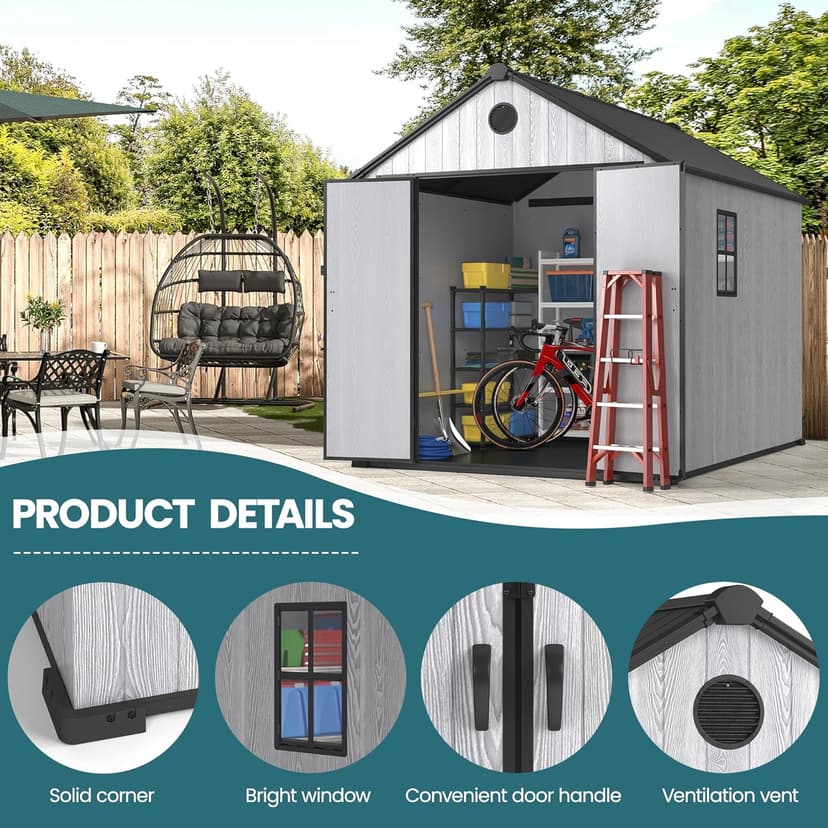 8 x 8 FT Resin Storage Shed Outdoor Storage Shed Storage Sheds Outdoor with Floor, Side Window, Plastic Shed with Lockable Door, Front Rear Vents for Backyard, Garden, Patio (8x8 FT)