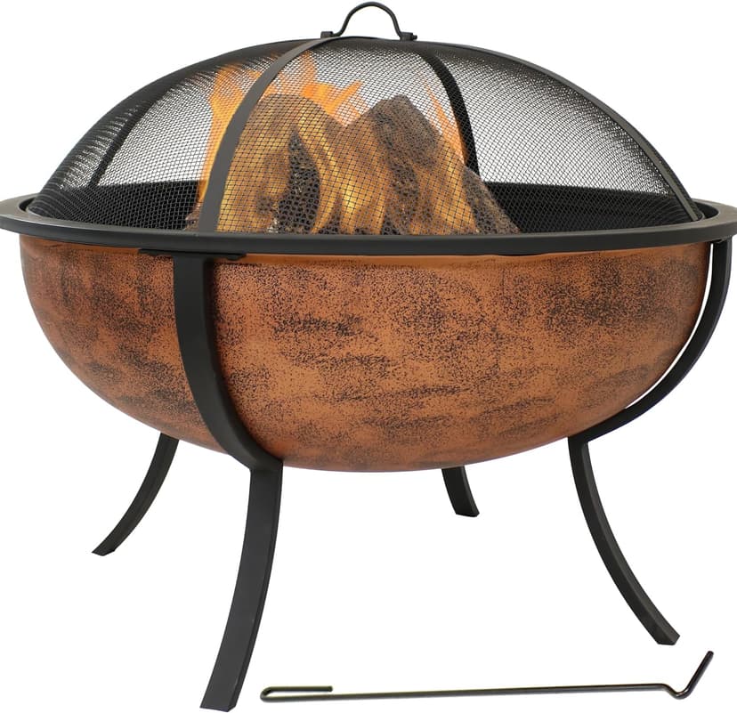 Sunnydaze 32-Inch Steel Fire Pit Bowl - High-Temperature Copper Finish Wood Burning Fire Pit with Screen, Wood Grate, and Poker