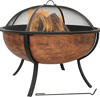 Sunnydaze 32-Inch Steel Fire Pit Bowl - High-Temperature Copper Finish Wood Burning Fire Pit with Screen, Wood Grate, and Poker