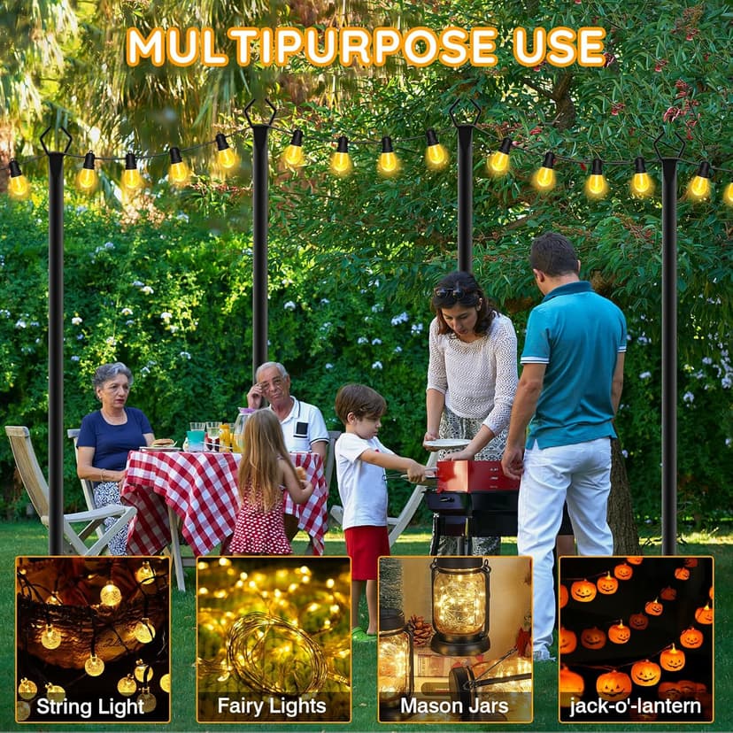 6 Pack String Light Poles, Outdoor String Light Pole 10ft Forked Metal Light Pole with Adjustable Outdoor Light Stand, Deck, Backyard, Garden, Wedding, Rustproof and Sturdy with Hooks