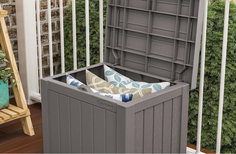 Suncast 22-Gallon Small Deck Box - Lightweight Resin Indoor/Outdoor Storage Container and Seat for Patio Cushions and Gardening Tools - Store Items on Patio, Garage, Yard - Stone Gray, Made in the USA