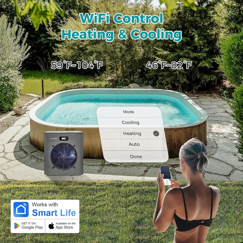 Pool Heaters for Above Ground Pool 16000 BTU Swimming Pool Heater Pump 5000 Gallon Heating or Cooling Mode WiFi Control Timer 120V 60Hz