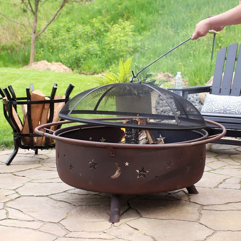 Sunnydaze Cosmic 42-Inch Large Outdoor Fire Pit - Wood-Burning Fire Pit with Round Spark Screen, Poker, and Built-in Grate